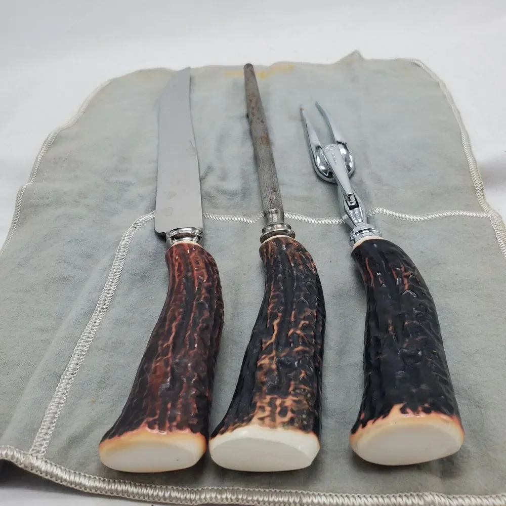 Vintage‎ Sheffield Everbrite Faux Antler 3pc Cutlery Carving Set Made in England